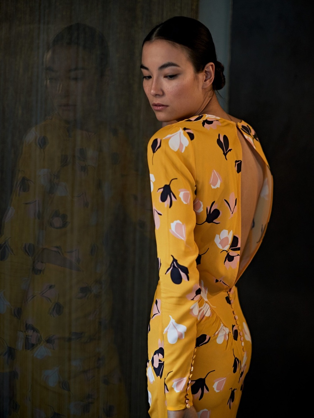 Self-Portrait Yellow Floral Long Sleeve Ruched Midi Dress - Size 2